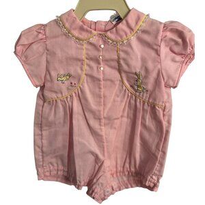 Vintage Pink Baby Romper With Bunny Embroidery & Peter Pan Collar
